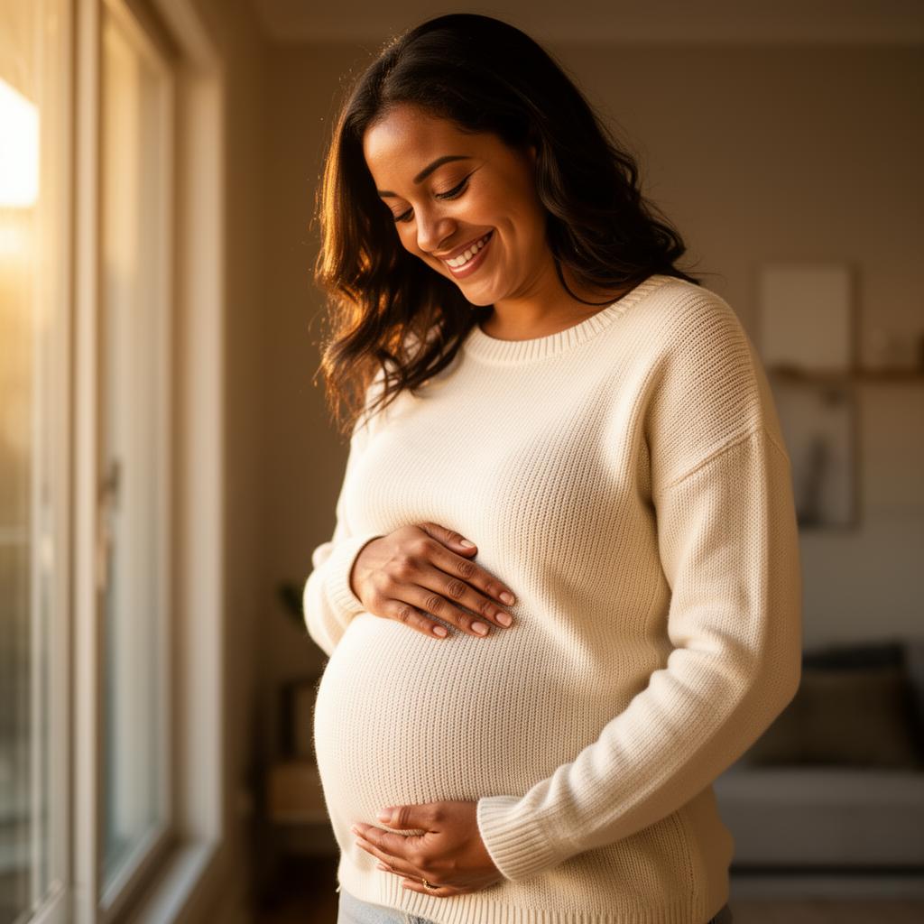 Pregnant surrogate gently cradling her belly in warm natural light